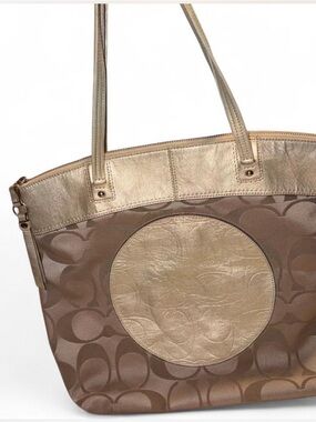 Coach Laura Tote Bag Khaki Signature Canvas With Gold Leather Vintage Y2K 18335